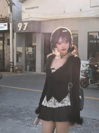 Women's V-Neck Faux Fur Cardigan with Lace Camisole Two-Piece Set