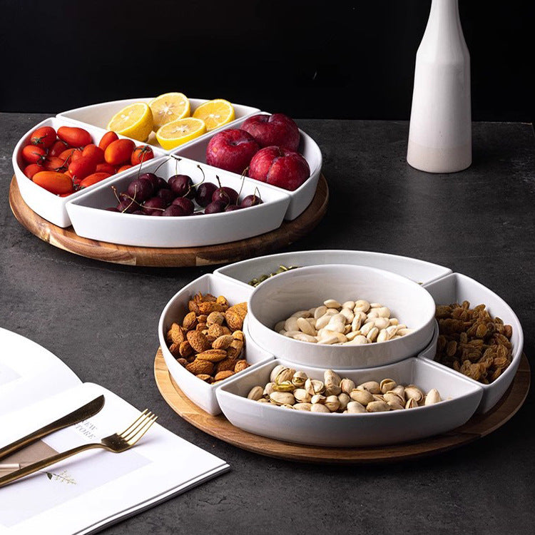 Rotating Wooden Serving Platter with Ceramic Compartments for Snacks and Candies