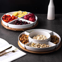 Rotating Wooden Serving Platter with Ceramic Compartments for Snacks and Candies