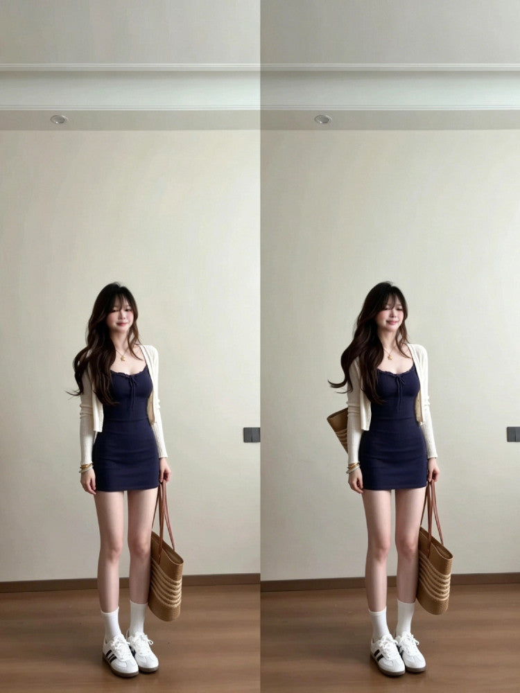 Women's Summer Sling Dress and Cardigan Set with Waist-Cinching Mini Skirt