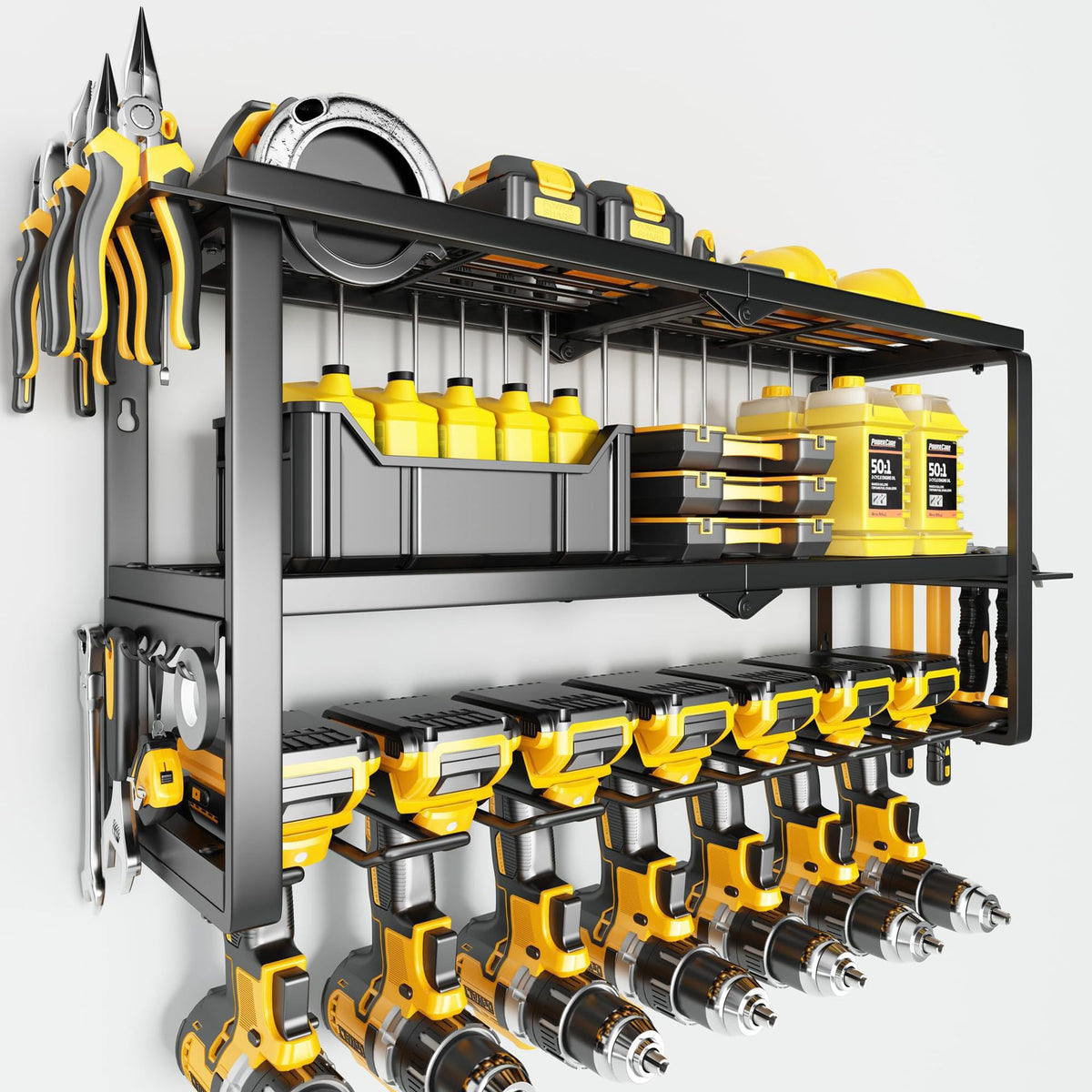 Foldable Wall-Mounted Power Tool Storage Rack for Garage and Workshop