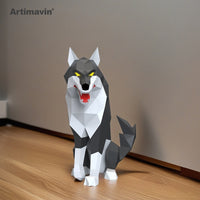 DIY 3D Sitting Wolf Paper Sculpture Kit - Handmade Origami Art Home Decor