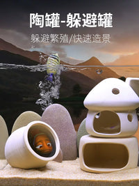 Ceramic Mushroom House Aquarium Ornament with Hiding Cave for Fish and Shrimp