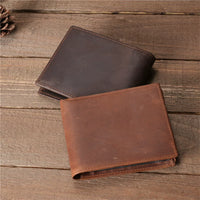 Handmade Crazy Horse Leather Bifold Wallet for Men, Genuine Cowhide Multi-Card Holder with Large Capacity