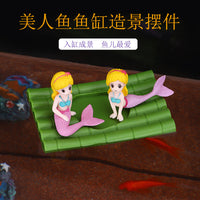 Mermaid and Raft Aquarium Ornament Set, Resin Fish Tank Decoration for Micro Landscape