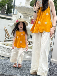Mother-Daughter Matching Embroidered Vest & Lace Wide-Leg Pants Set for Summer Vacation