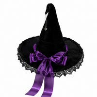 Gothic Lolita Witch Hat Velvet Lace Wide Brim Pointed Hat with Bow for Halloween Cosplay Party