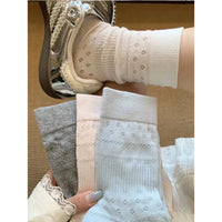 Korean Style Creamy Hollow-Out Floral Mid-Calf Socks