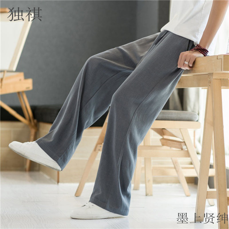 Men's Summer Linen Blend Straight Leg Casual Pants Loose Fit Wide Leg Trousers