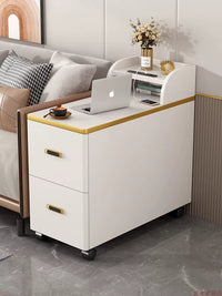 Living Room Sofa Side Table with Power Outlets, Mobile End Table with Wheels, Narrow Armrest Cabinet