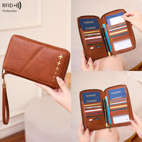RFID Blocking Passport Holder Travel Wallet with Zipper, Long Portable Document Organizer