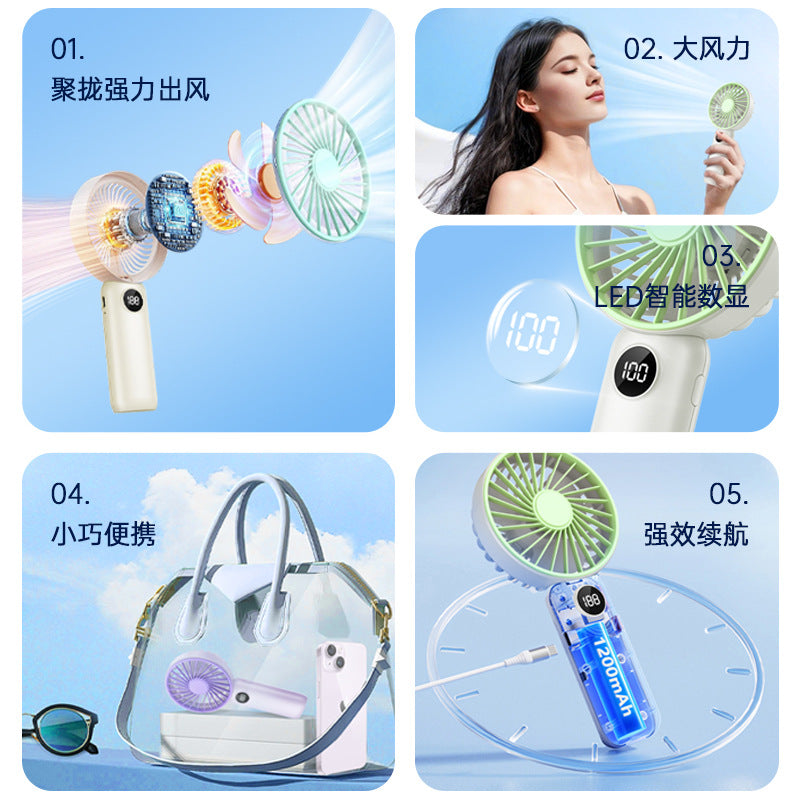Portable Mini Handheld Desk Fan with Digital Battery Display, 6-Speed Adjustable, Rechargeable
