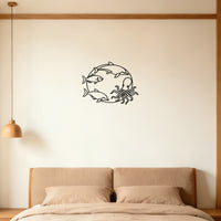 Minimalist Ocean-Themed Metal Wall Decor - Round Hollow Dolphin Octopus Fish Art