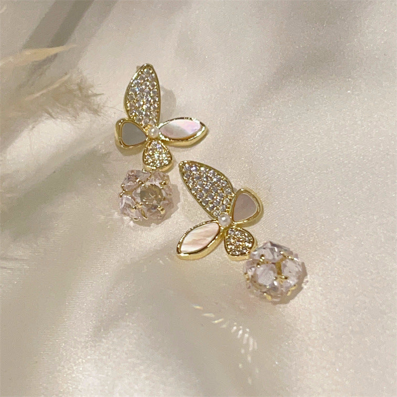 Vintage Zircon Butterfly Shell Dangle Earrings