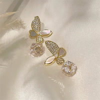 Vintage Zircon Butterfly Shell Dangle Earrings