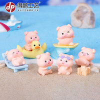 Cute Cartoon Pig Beach Vacation Micro Landscape Ornament for Desktop Car Decor