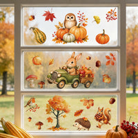 Autumn Cartoon Animal Static Cling Window Decals - Removable Pumpkin Maple Leaf Thanksgiving Decorations