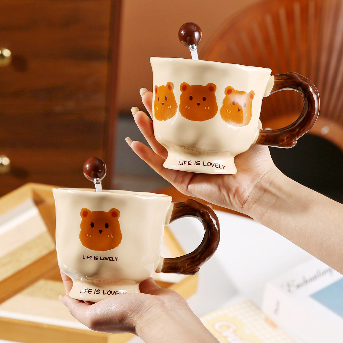 French Cream Bear Mug, Cute Simple Milk Cup for Students and Couples, Large Capacity Ceramic Mug