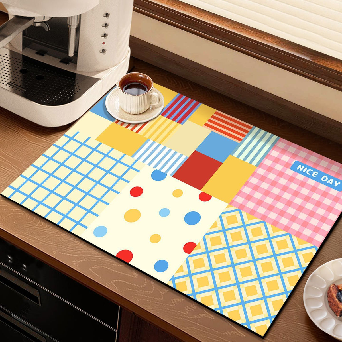 Diatomaceous Earth Geometric Patchwork Absorbent Mat for Kitchen Sink & Coffee Machine