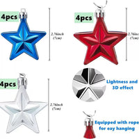 4th of July 7CM 3D Star Ornaments for Independence Day & Christmas Tree Decoration, 12-Pack