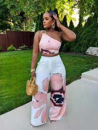 Women's Floral Print One-Shoulder Crop Top and Wide-Leg Pants Set