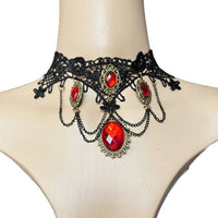 Gothic Ruby Teardrop Lace Necklace & Earrings Set for Halloween