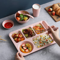 Wheat Straw 5-Compartment Divided Dinner Plate Set with Bowl, Chopsticks, and Spoon for Students and Restaurants