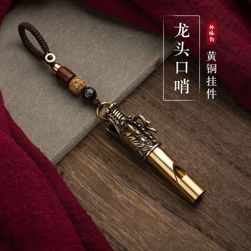 Brass Dragon Head Whistle Keychain Pendant for Outdoor Survival