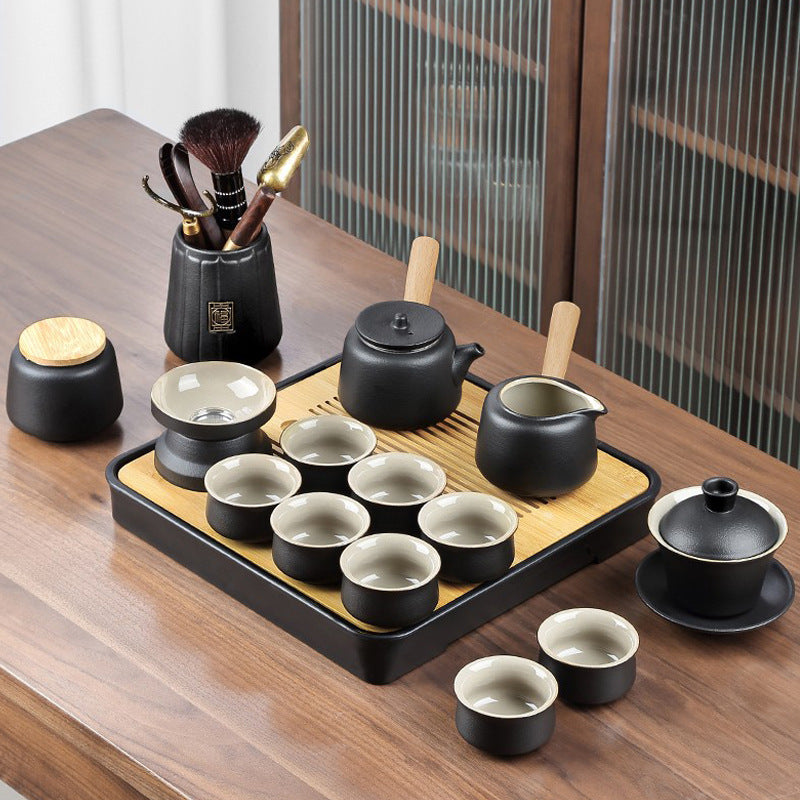 Japanese Style Black Pottery Kung Fu Tea Set with Tray for Home and Office