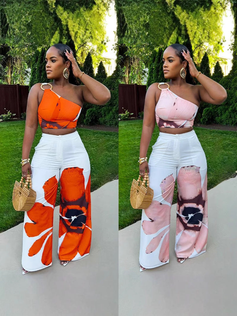 Women's Floral Print One-Shoulder Crop Top and Wide-Leg Pants Set