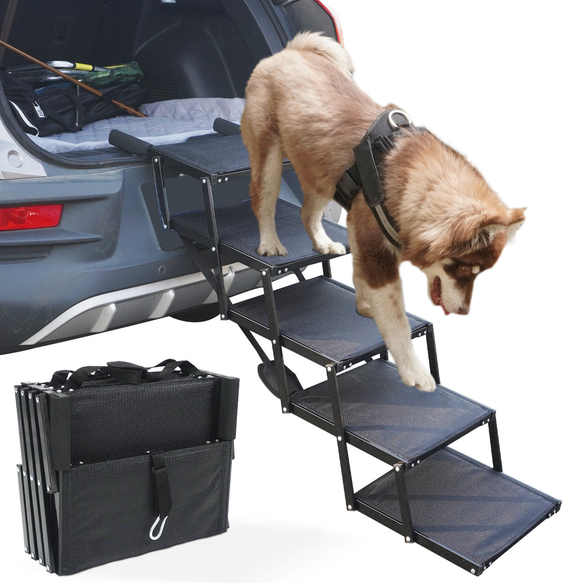 Portable 5-Step Aluminum Pet Ramp for SUV & Car, Foldable Dog Ladder for Easy Vehicle Access