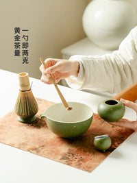 Handmade Ceramic Matcha Bowl Set with Gold Speckle Blue Finish