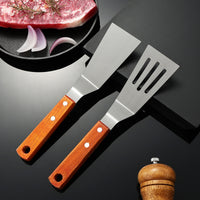 Stainless Steel Griddle Spatula Set with Wooden Handle for BBQ, Steak, and Pizza