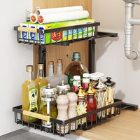 Under Sink Pull-Out Organizer Rack, 2-Tier Expandable Storage Drawer for Kitchen Cabinet