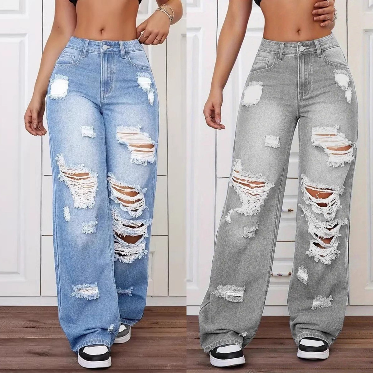 Women's High-Waist Straight Leg Ripped Jeans