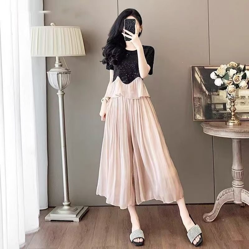 Plus Size Sequin Top and Chiffon Wide-Leg Pants Set for Women