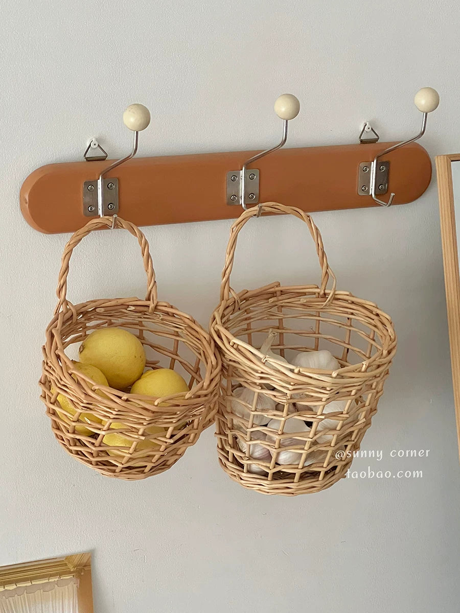 Hand-Woven Rattan Hanging Storage Basket for Fruit and Sundries