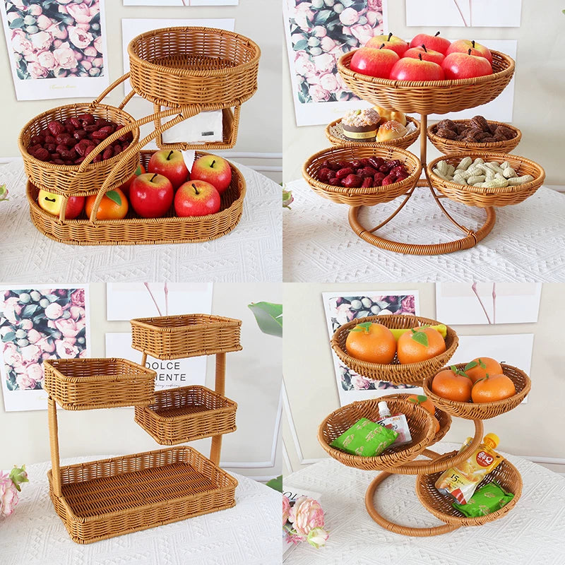 Multi-layer Imitation Rattan Fruit Basket Snack Candy Display Stand