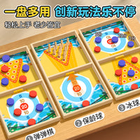 Wooden Fast Sling Puck Game for Kids and Adults, 3-in-1 Board Game with Bowling and Ice Hockey, Family Interactive Toy