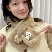 Cute Cat Eating Fish Plush Scarf Winter Warm Thickened Cross Scarf for Students and Couples