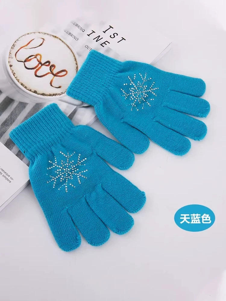 Kids' Figure Skating Gloves with Non-Slip Grip and Rhinestone Embellishments, Warm Waterproof Knit for Training