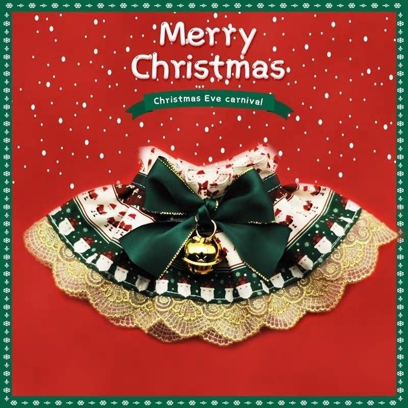 Pet Christmas Bandana Collar with Lace Bow for Cats and Small Dogs