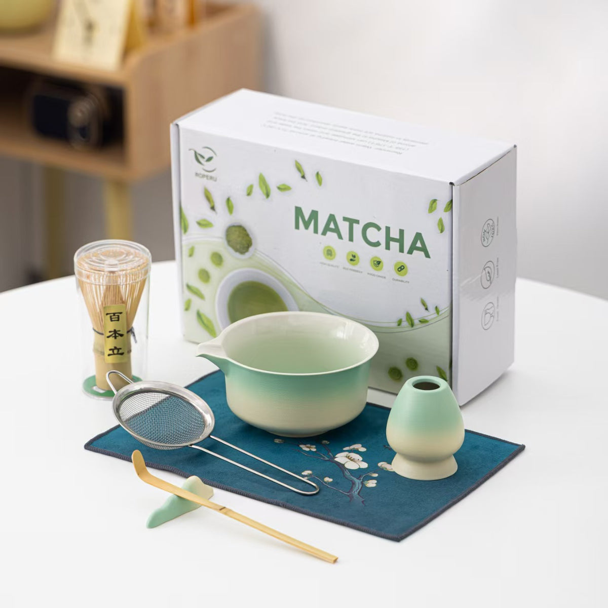 Japanese Matcha Tea Ceremony Set with Bowl, Whisk, Scoop, and Cloth