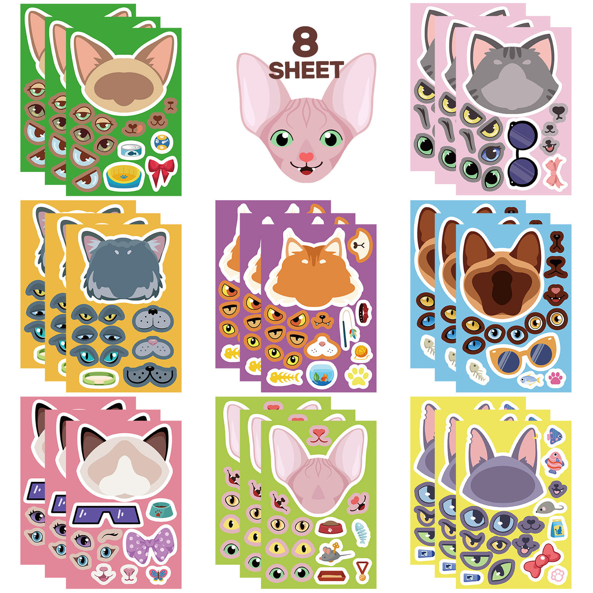 8 Sheets Cartoon Cat Make a Face Stickers for DIY Scrapbooking Phone Case Decor