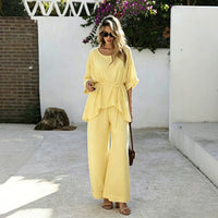 Women's Crinkled Tie-Waist Wide-Leg Pants and Top Set