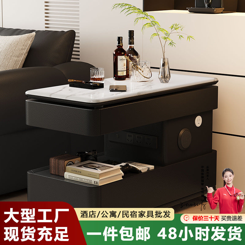 Movable Liftable Slate Sofa Side Table with Wheels, Power Strip, Cream Style End Table for Living Room