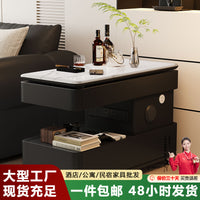 Movable Liftable Slate Sofa Side Table with Wheels, Power Strip, Cream Style End Table for Living Room
