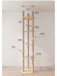 Solid Wood Floor-to-Ceiling Cat Tree Condo with Space Capsule Hammock, Large Cat Villa Activity Center