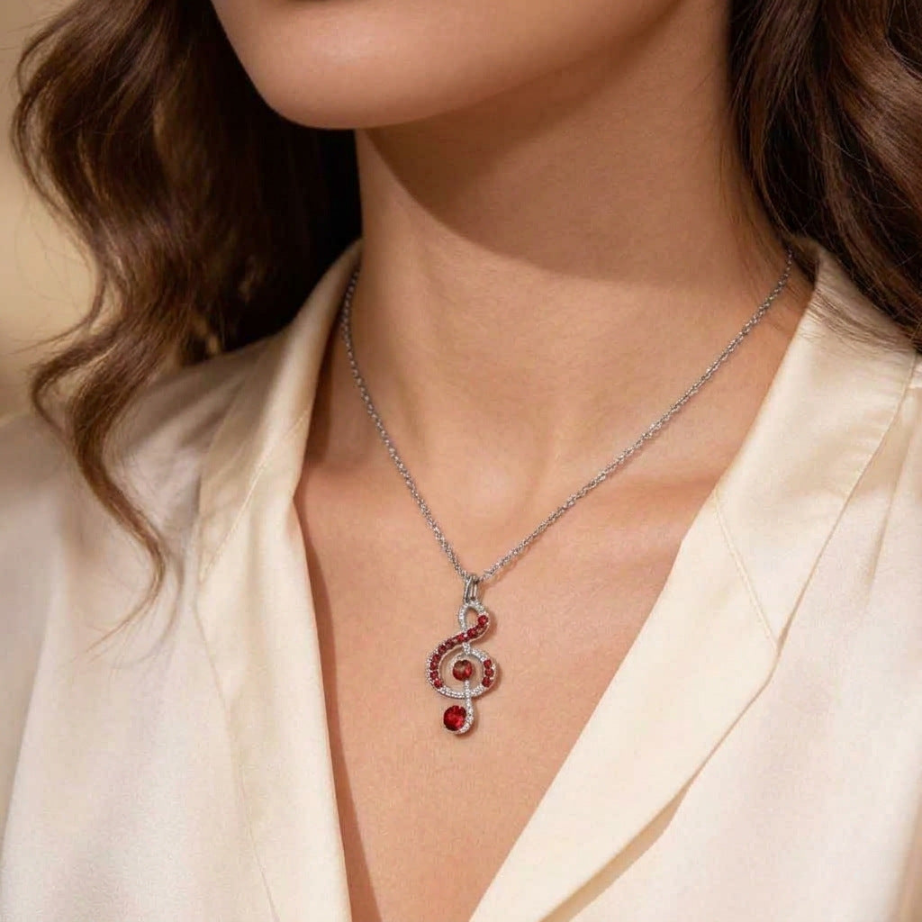 Vintage Silver Diamond Music Note Necklace for Women