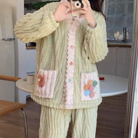 Women's Rainbow Cardigan Two-Piece Coral Fleece Pajama Set Thickened Warm Loungewear